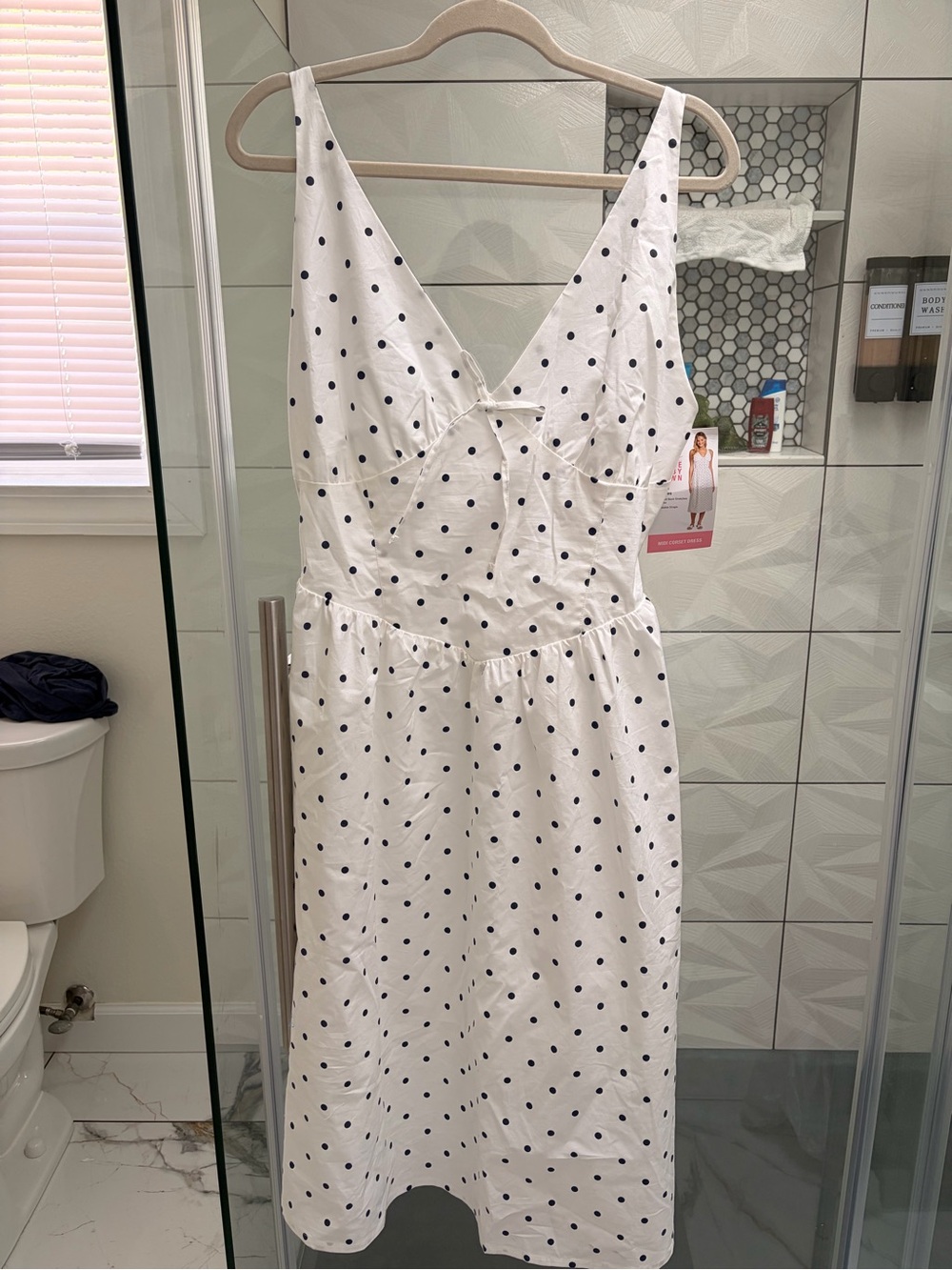 Polka Dot V-Neck Midi Dress - White with Blue Dots